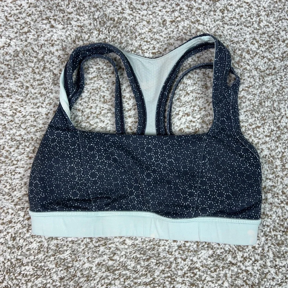 Lululemon Sports Bra Womens 4‎ Blue Spotted Racerback Yoga Gym Workout Logo